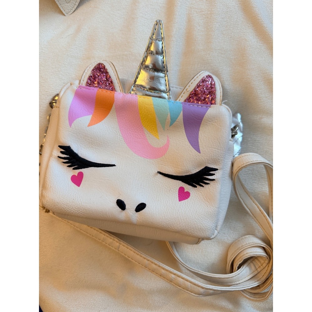 OMG Girls Unicorn Crossbody Bag White Faux Leather Silver Horn Wings Rainbow Z